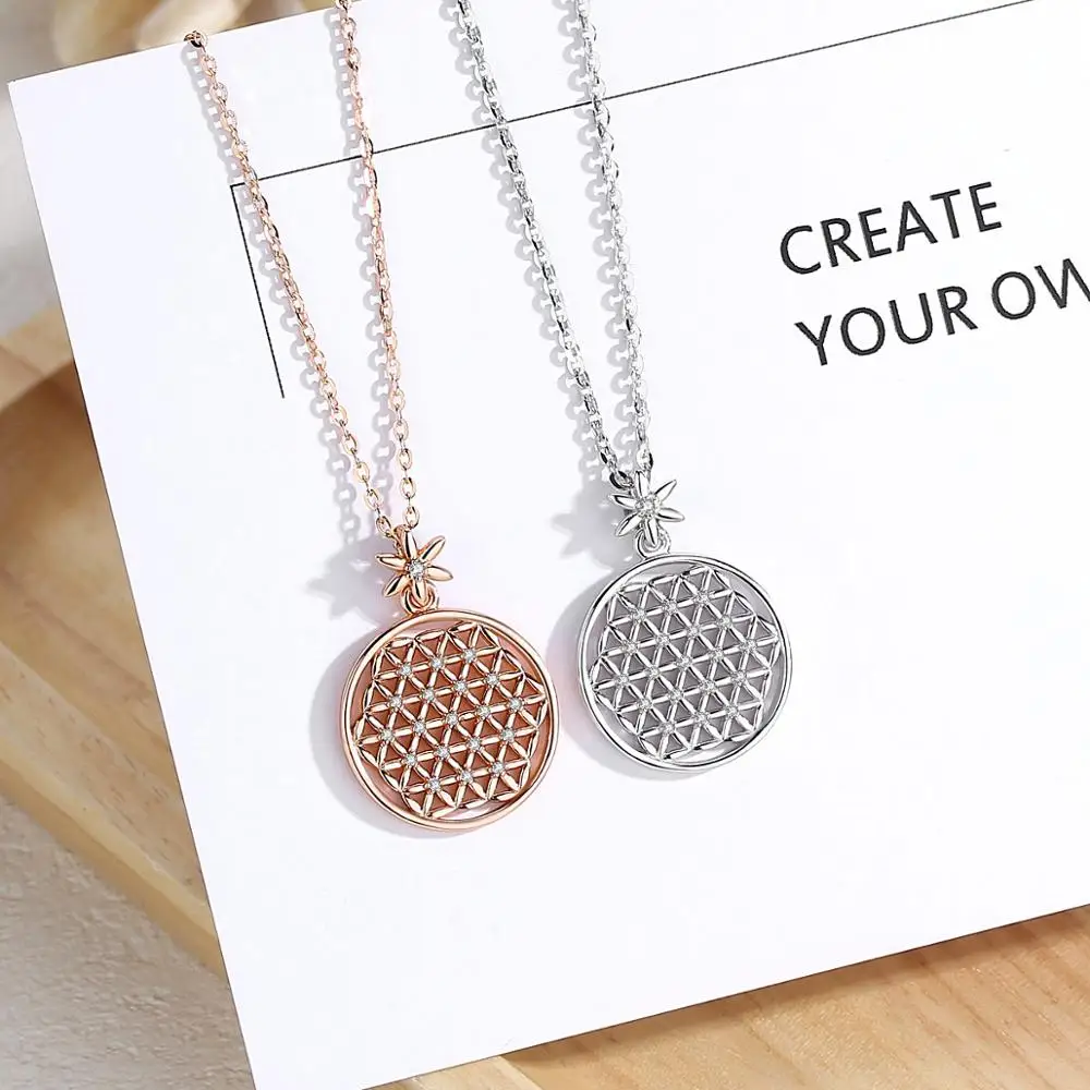 EUDORA 925 Sterling Silver Rose gold Color Silver Color Flower of Life Pendant Necklace with Cz Seed of Life Necklaces Jewelry