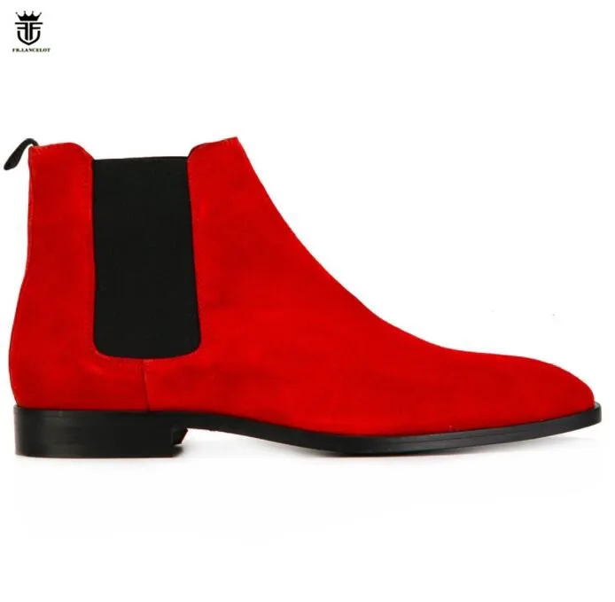 FR.LANCELOT 2020 new gentlemen suede leather boots British style men red color boots slip on wedding shoes male chelsea booties