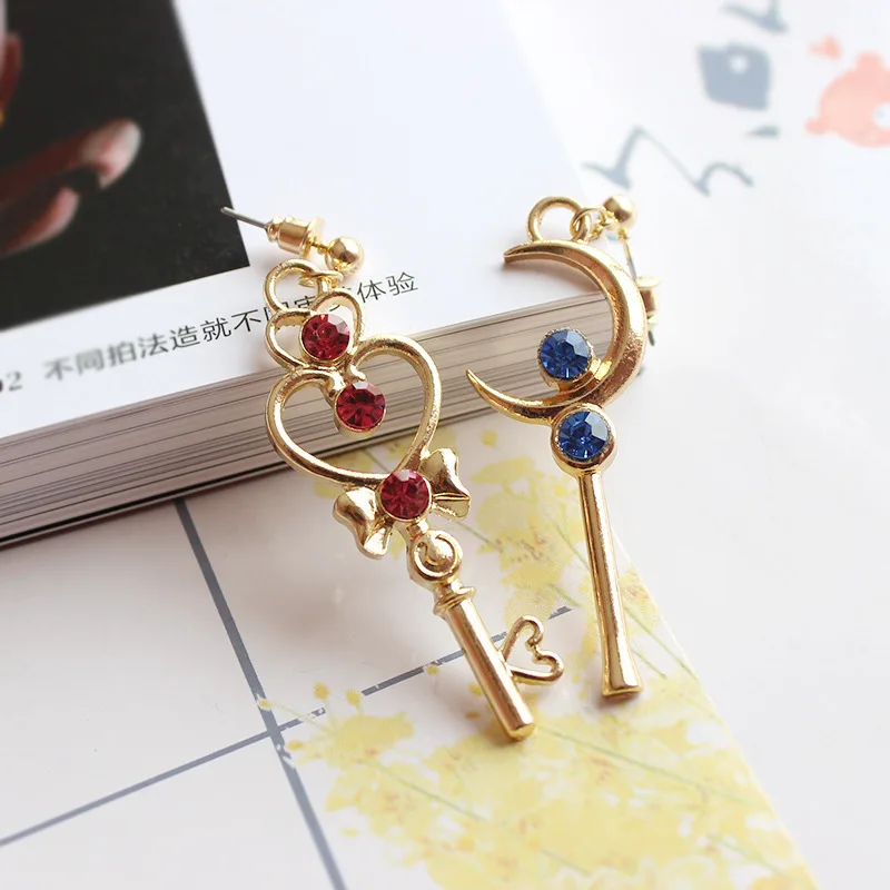 Drop shipping One Pair Gold Color with Blue Red Crystal Key Shaped Star Moon Dangle Earrings