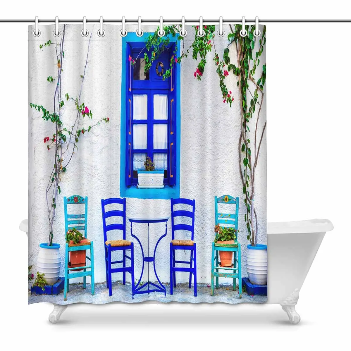 Traditional Greece Series Small Cute Street Tavernas Kos Island Bathroom Decor Shower Curtain Set