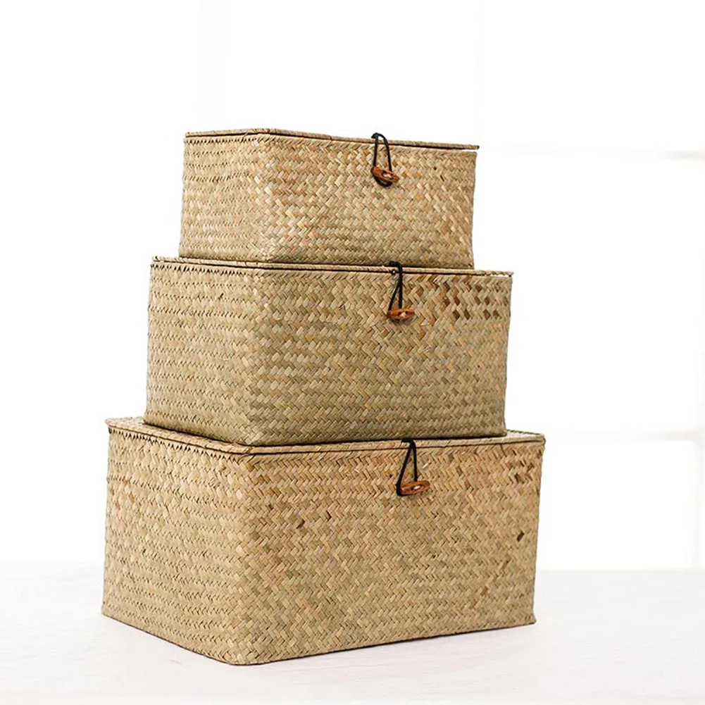 hot Retro Handmade Straw Woven Makeup Storage Box Toys Clothing Holder Basket With Lid Home Sundries Makeup Rattan Organizer Box