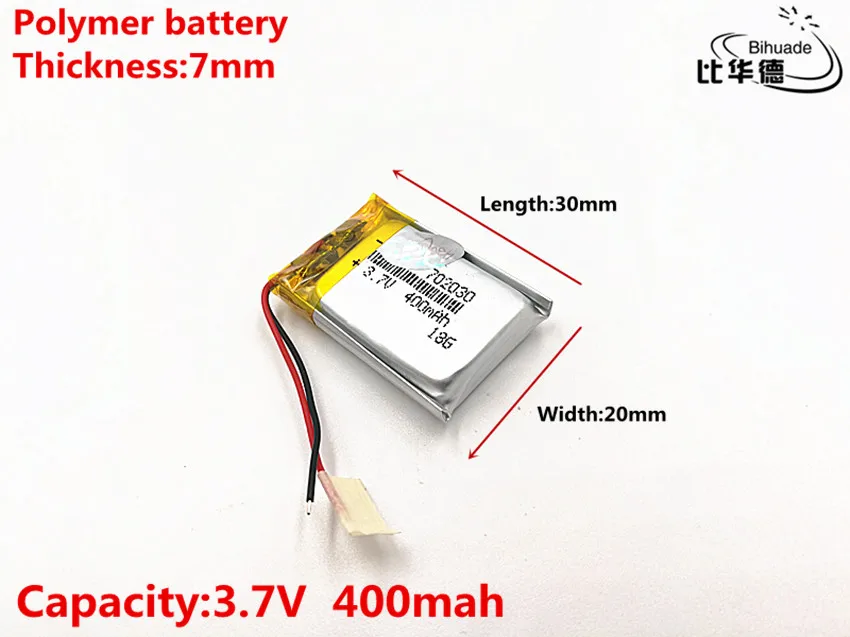 2pcs/lot Good Qulity 3.7V,400mAH,702030 Polymer lithium ion / Li-ion battery for TOY,POWER BANK,GPS,mp3,mp4