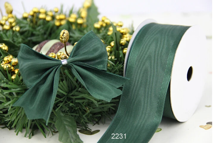 38MM X 25yards DK green moire satin taffeta ribbon for gift box wrapping wired edge ribbon N2231