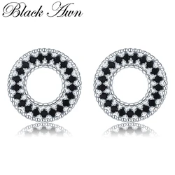2026 New Classic Silver Color Natural Black Spinel Engagement Stud Earrings for Women Fashion Jewelry Bijoux T199