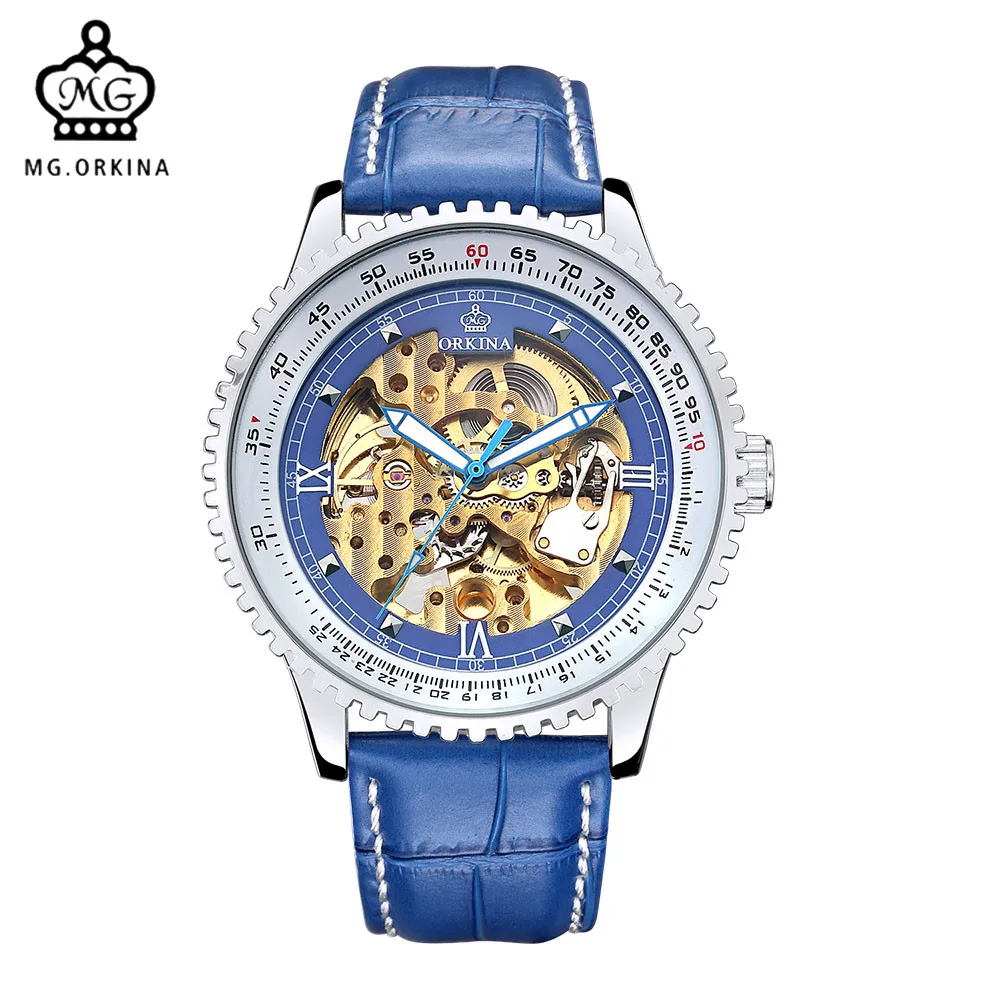 MG. ORKINA Watches Men Big Dial Geared Case Blue Leather Belt Male Automatic Wristwatch Golden Skeleton erkek saatleri