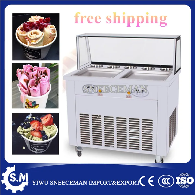 

35cm automatic DOUBLE pan ice cream rolling roll machine stainless steel fried ice cream machine with defrost plate and cover