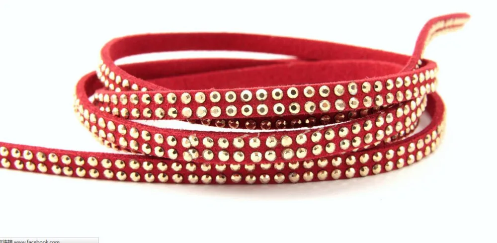 Free Ship 100 Meters 5mm*1.5mm Red  Flat Faux Suede Leather Cord With Two Lines Gold  Studs