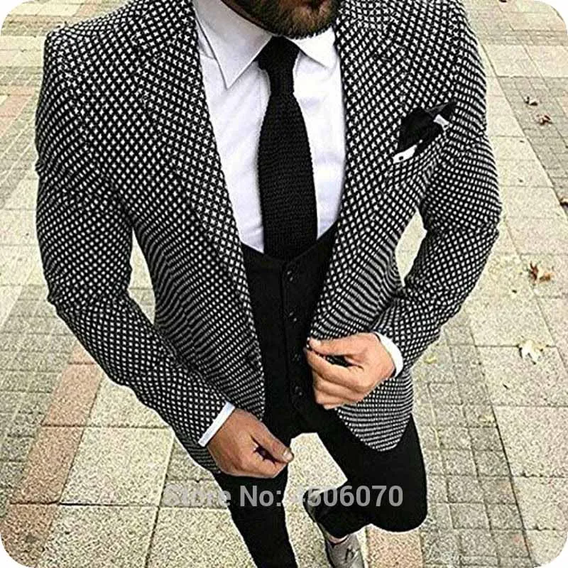 Houndstooth Men Suits White&Black Grid Plaid Jacquard Weave Mens Slim Fit Casual Checkered Wedding Tuxedos 3Pieces Pied de poule