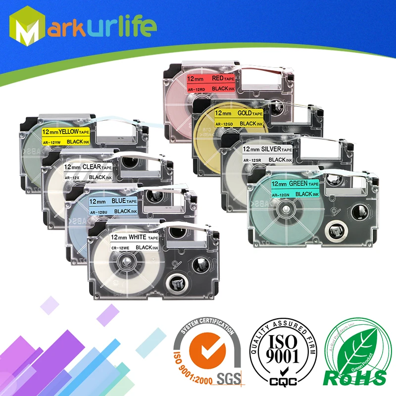 

8 Pack Mixed Color Label Tape 12mm*8m XR-12X XR-12WE XR-12RD XR-12BU XR-12YW XR-12GN XR-12GD XR-12SR for Casio Label Maker