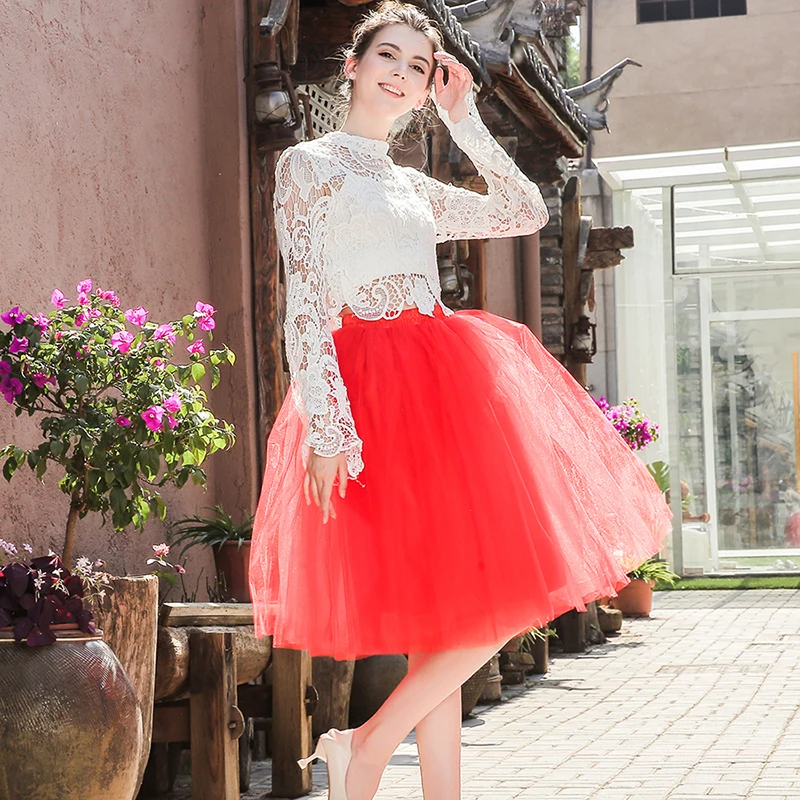 New Fashion 6 Layers 65cm Tulle Skirts Women\'s Black Gray White Adult Tulle Skirt Elastic High Waist Pleated Midi Skirt Clothing