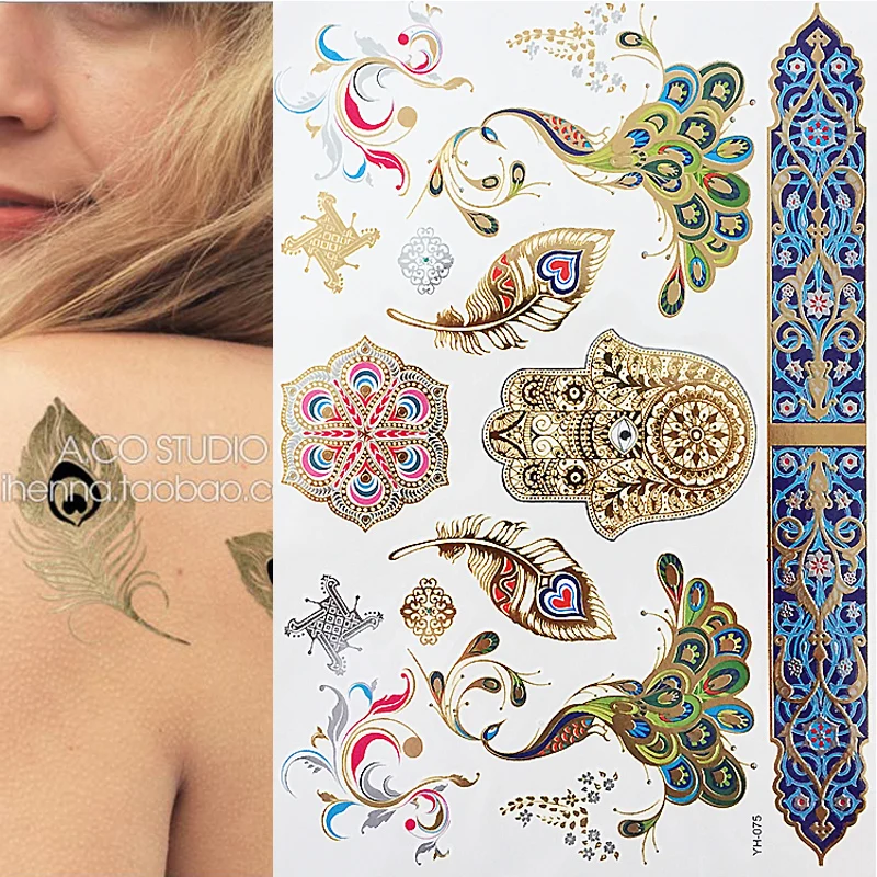 1pcs Flash Feathers Peacock Products Metallic Waterproof Temporary Tattoo Gold Silver