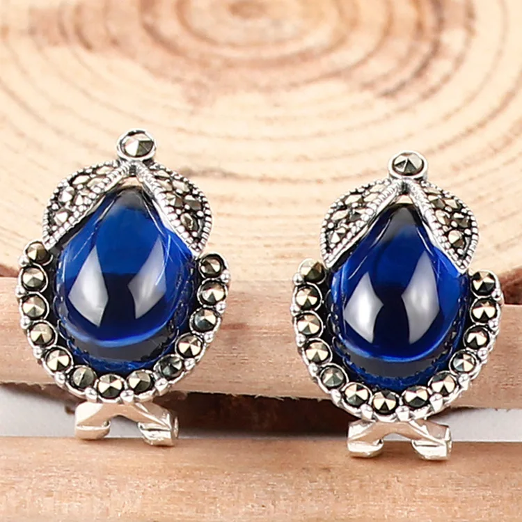 S925 sterling silver earrings earrings Thai Garnet Vintage Jewelry lay blue ear  earrings