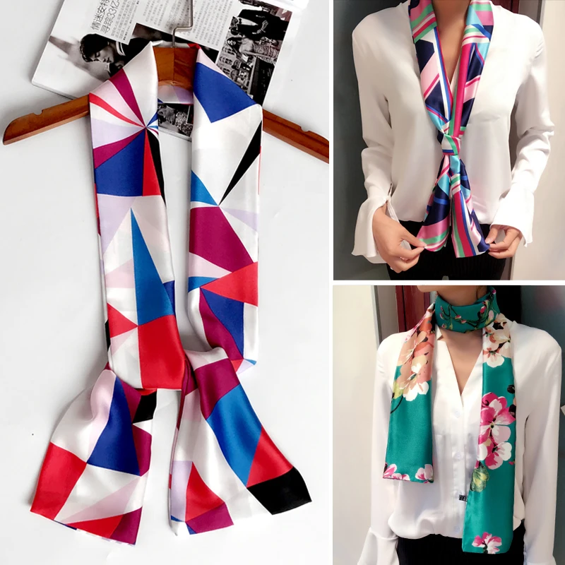 Fashion Double Printing Satin Silk Long Scarf For Women Chic Ladies Neck Scarves Tie Skinny Scarf OL Work Women Neckerchief