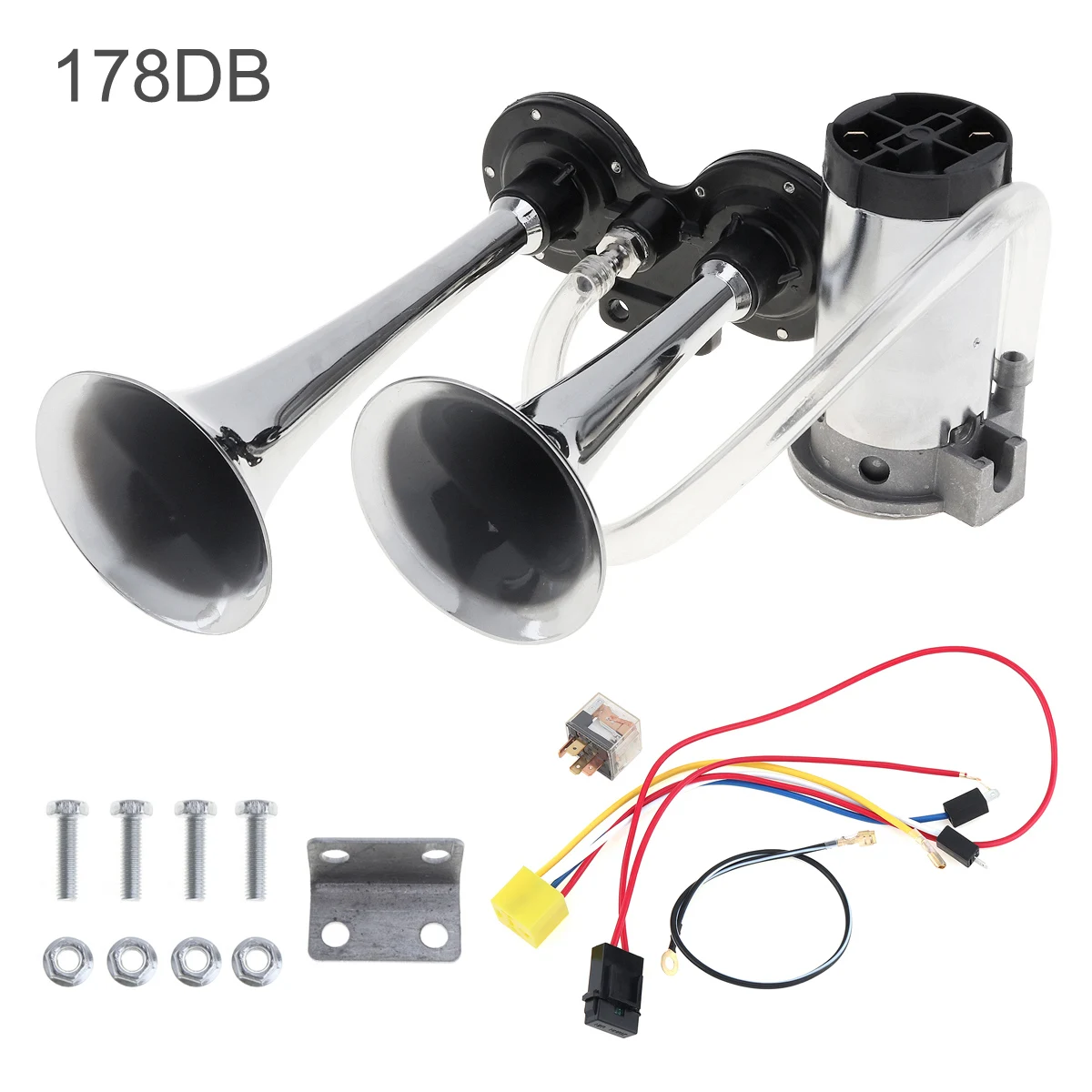 12V 178dB Super Loud Dual Tone Air Horn Set Trumpet Compressor with Wires and Relay for Motorcycle Car Boat Truck Vehicle SUV