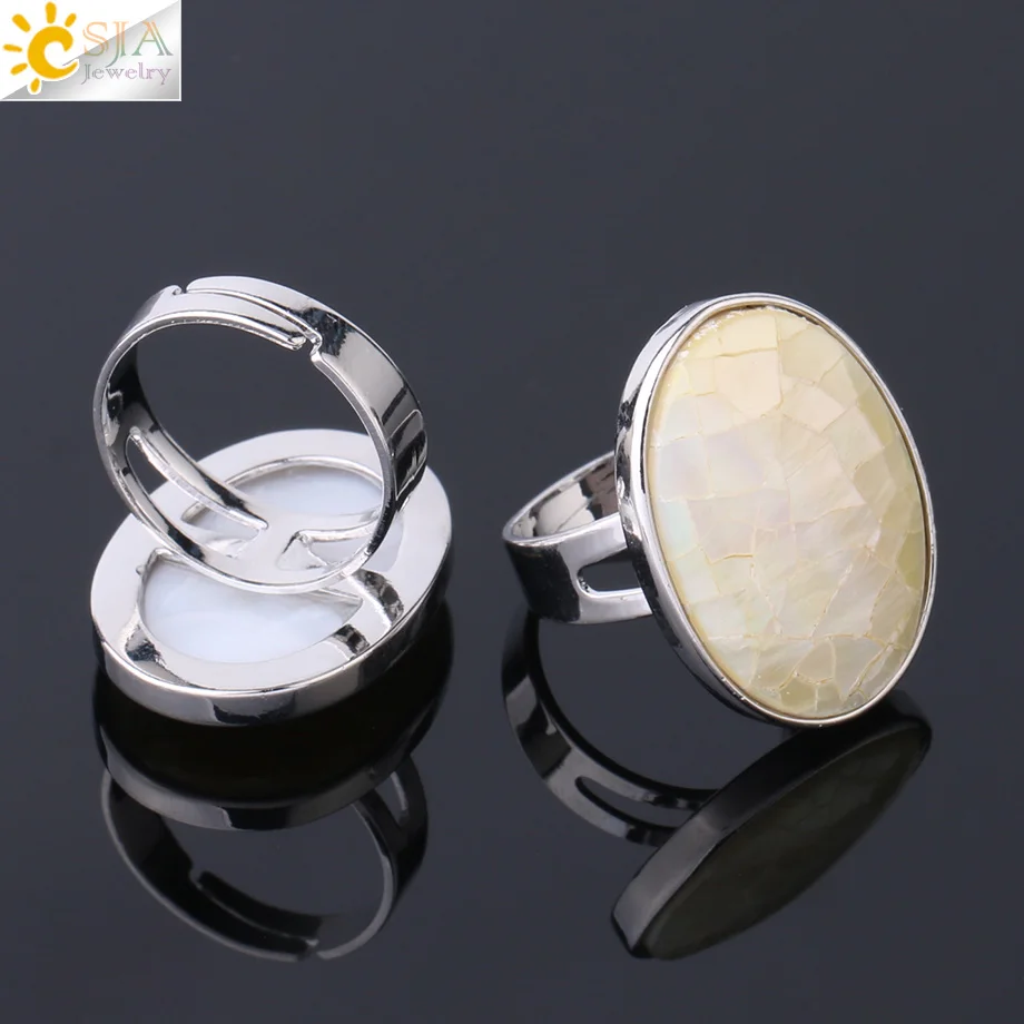 CSJA Natural Paua Shell Finger Rings Men Girl Mother of Pearl Abalone Shell Colorful Yellow Silver Color White Wedding Band F853