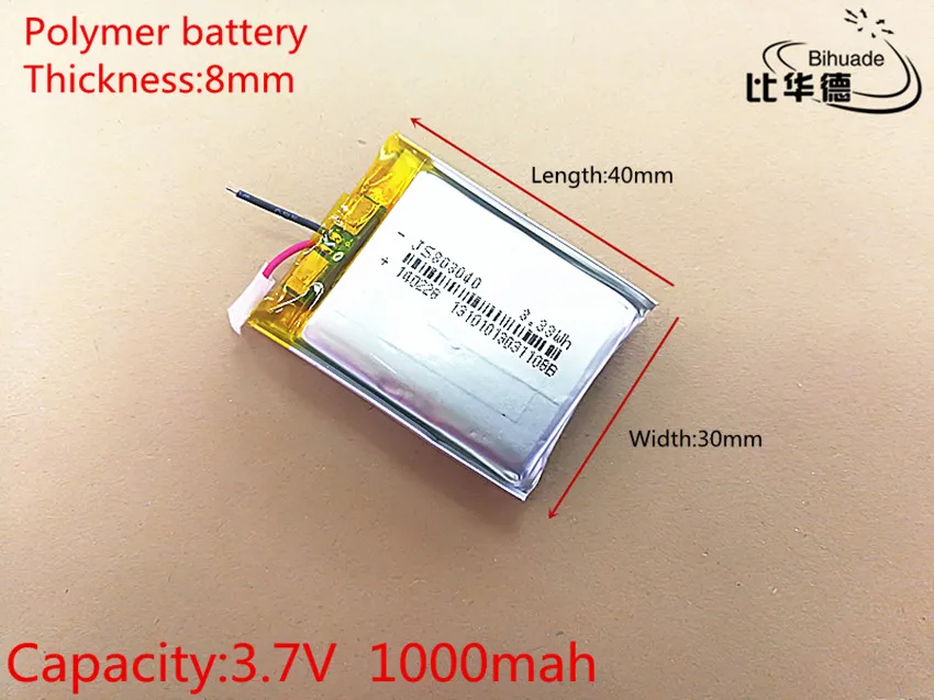 3.7V 1000mAh 803040 Lithium Polymer Li-Po li ion Rechargeable Battery cells For Mp3 MP4 MP5 GPS PSP mobile bluetooth