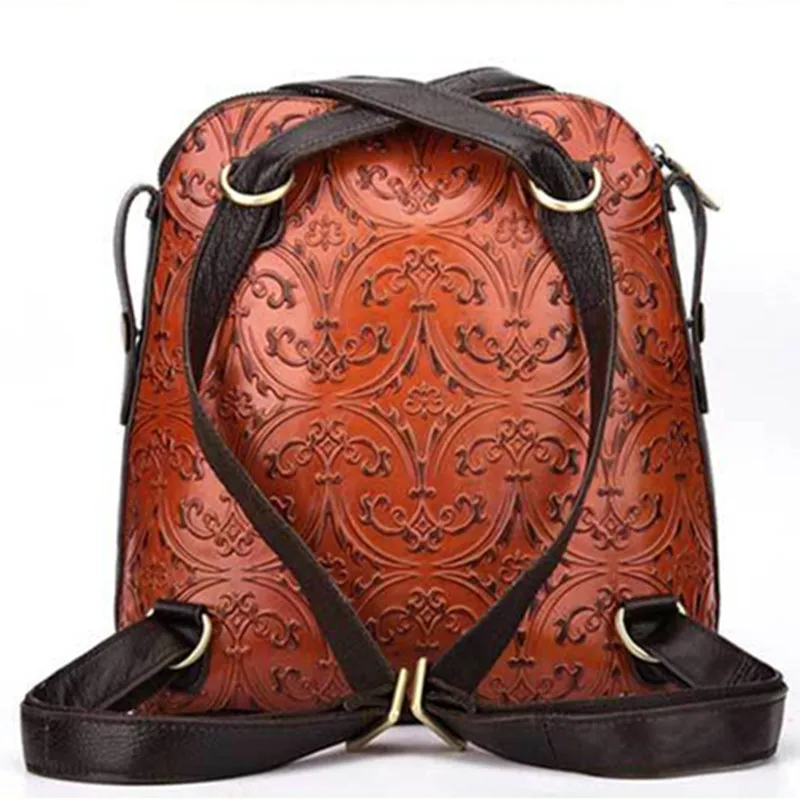 Retro flowers woman backpack 100% genuine cow leather high quality female shoulder duffel embossed bag school travel Laptop bags