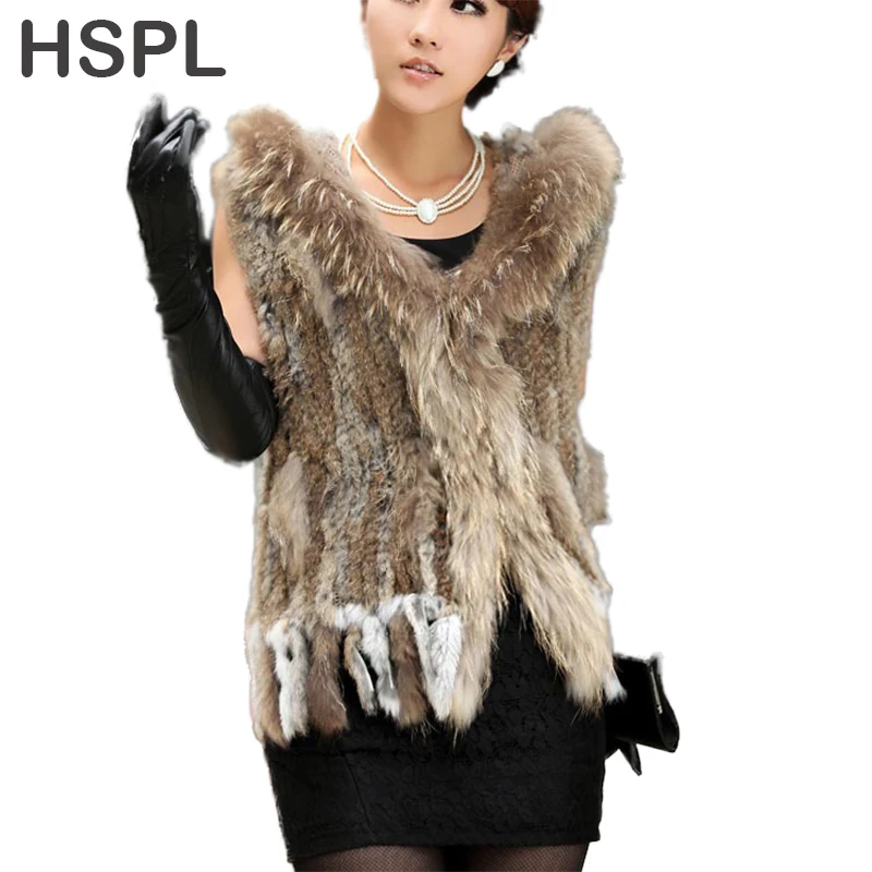 Hspl Vrouwen Lente Hooded Gebreide Echt Bont Vest Hot Verkoop Gebreide Korte Konijnenbont Gilet Met Kap Met Wasbeer fur Trim Voor Vrouwen