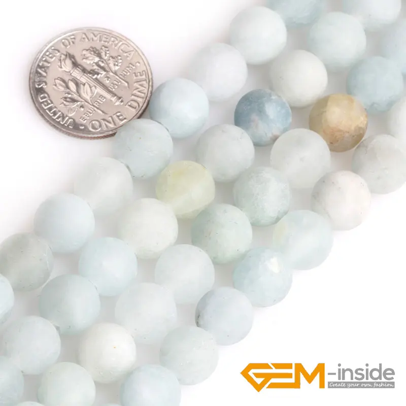 Selectable size: 6/8/10/12mm GEM-inside 1.5mm-2mm Big Hole Natural Round Blue Aquamarines Matte Beads For Jewelry Making15Inches