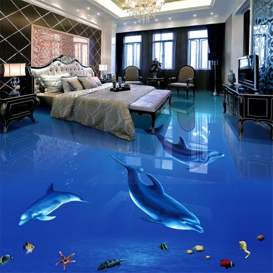 

beibehang Custom floor painting 3d beautiful dolphins underwater world 3D stereo bathroom floor tiles painting papel de parede