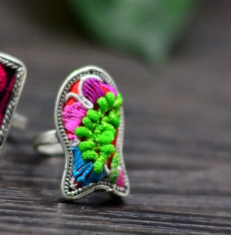 5PC  National style Embroidery rings Miao silver plated ethnic cotton jewelry creative personality fashion colorful ring