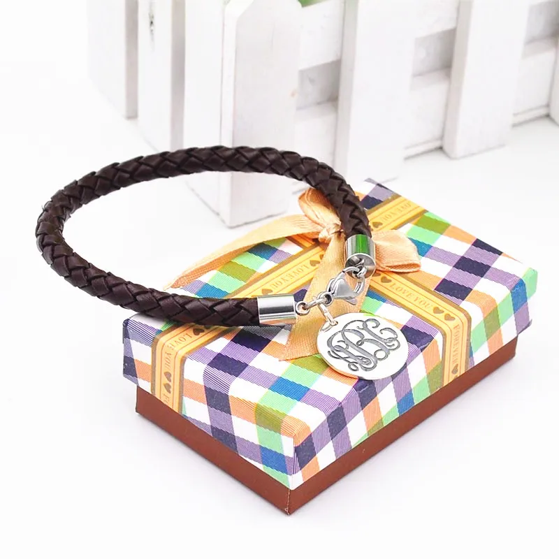 Brown Leather Bracelet With Monogrammed Charm Custom Silver Engraved Disc Bracelet Fashion Unisex Jewelry