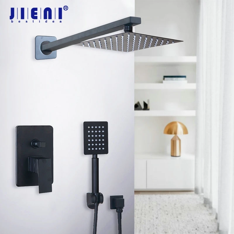 JIENI 8 10 12 16 inch Black Painting Ultra-thin Shower Head Wall Mounted Bathroom Rainfall Faucet Set LED Head & Hand Shower Set