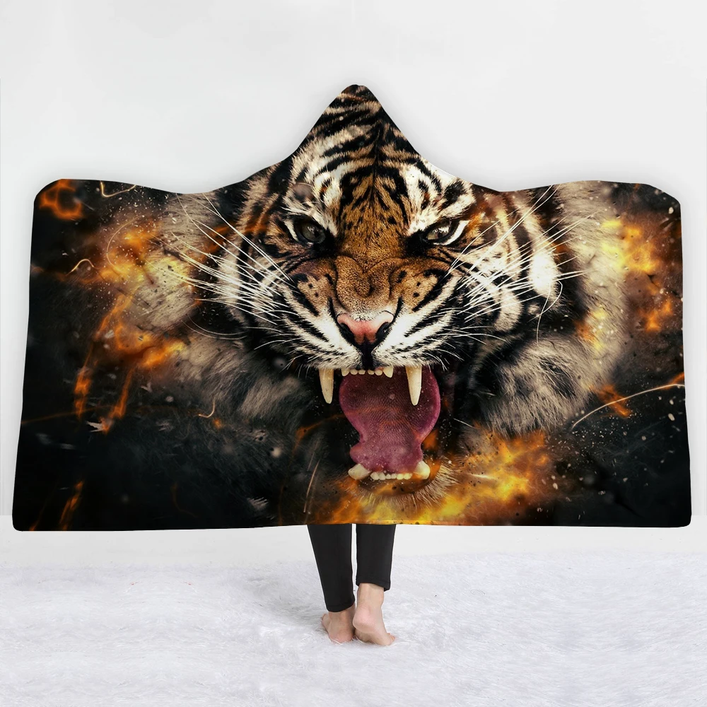 Tiger Wolf Moon Hooded Blanket 3D Printed Animals Hooded Throw Super Soft Micorfiber Coral Fleece Blankets For Winter Gifts