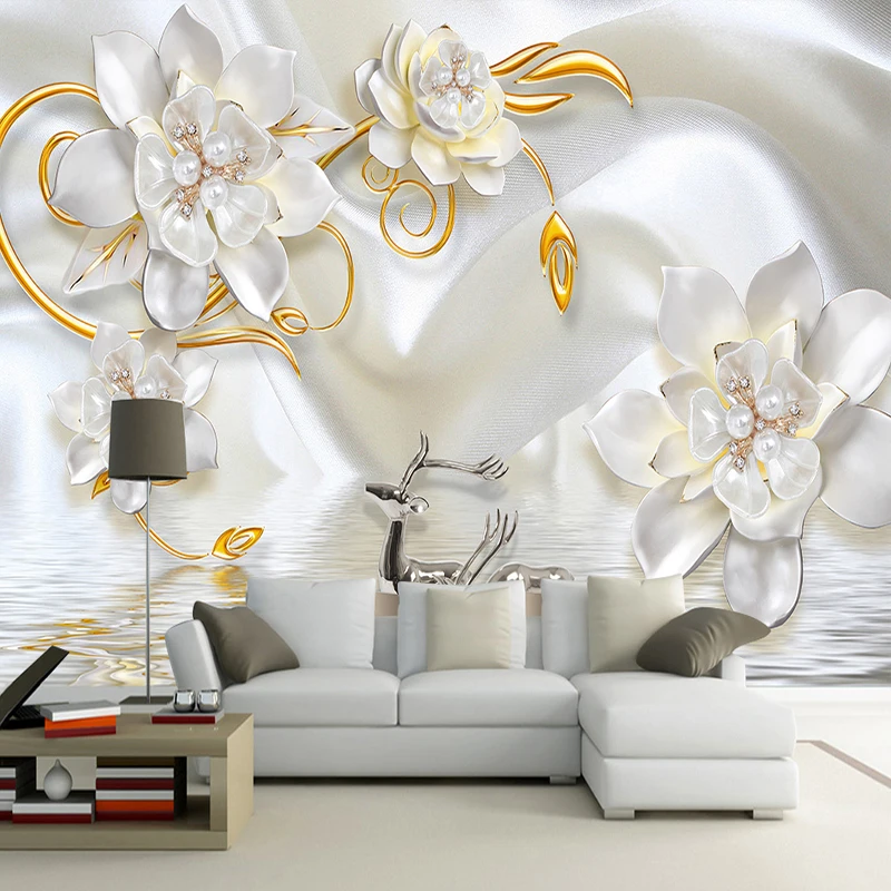 Custom 3D Wall Murals Wallpaper Luxury 3D Relief Deer White Silk Pearl Jewelry Flower Large Wall Painting Living Room Bedroom