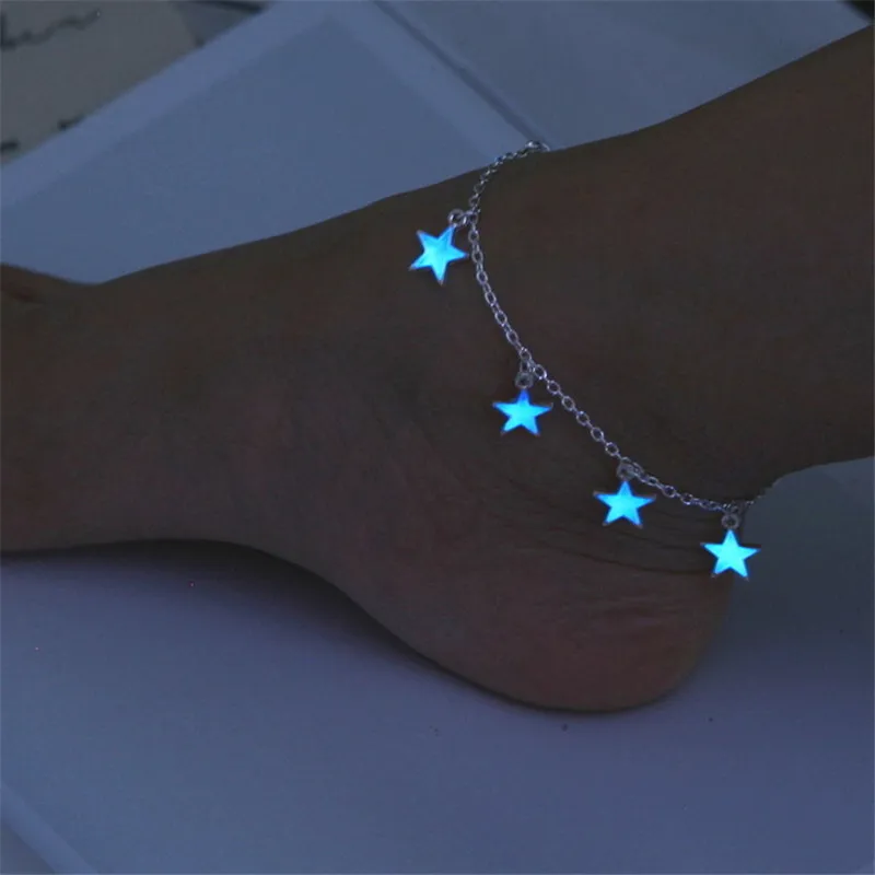 Fashion Luminous Ladies Beach Winds Blue Pentagon Star Tassel Anklet Chain Anklets For Women Barefoot Sandals Accessories