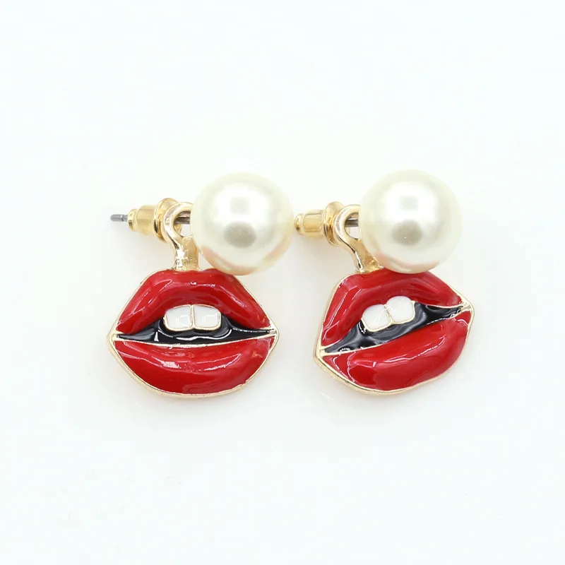 New Hot Sexy Red Lip Charming Black & Blue Eyes Pendant Big Simulated Pearl Ball Golden Stud Earrings for Women Fashion Jewelry