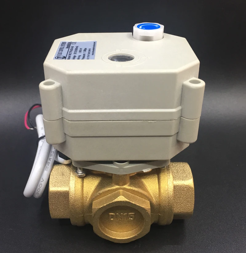 TF20-BH3-B AC/DC9V-24V 3 Wires Brass 3/4'' DN20 3 Way T/L Type Horizontal Flow Control Electric Motorized Ball Valve