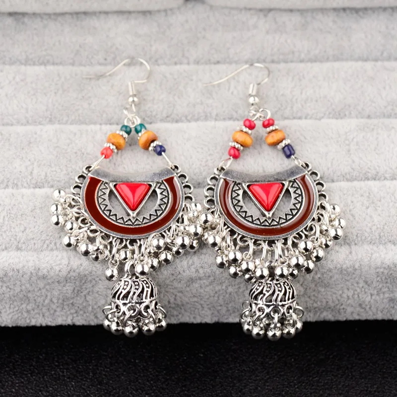 

Bohemian Indian Jewelry Sliver Color Hollow Dangle Earrings For Women Vintage Ethnic Long Small Bell Tassel Drop Earring