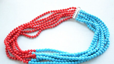 18-24” 6row 6mm blue red coral bead necklace stone gems $ Luxury Ms. girl Lovely Women's Wedding Jewelry