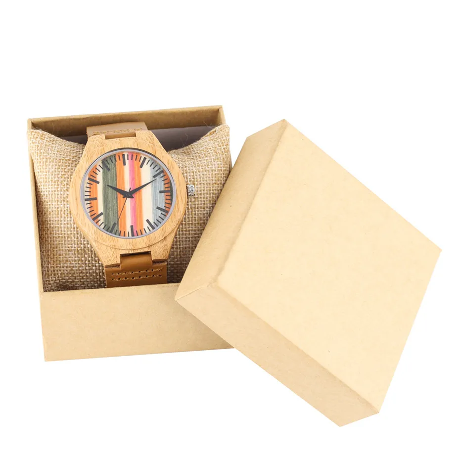 Reloj de madera con pantalla de 12 horas de rayas frescas, relojes de cuarzo para hombre, correa de reloj de cuero genuino marrón, reloj de madera de moda novedosa 2019