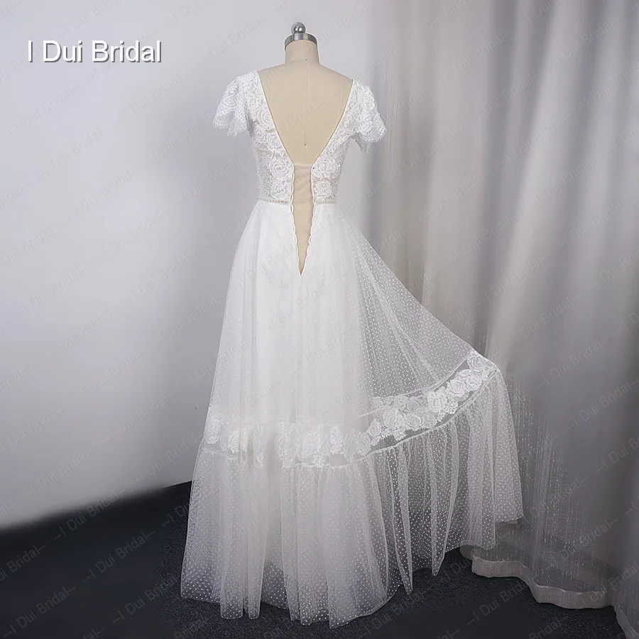 Dot Tulle Boho Trouwjurk met Korte Mouwen String Tie Hals Bruidsjurk Nieuwe Stijl Factory Real Photo