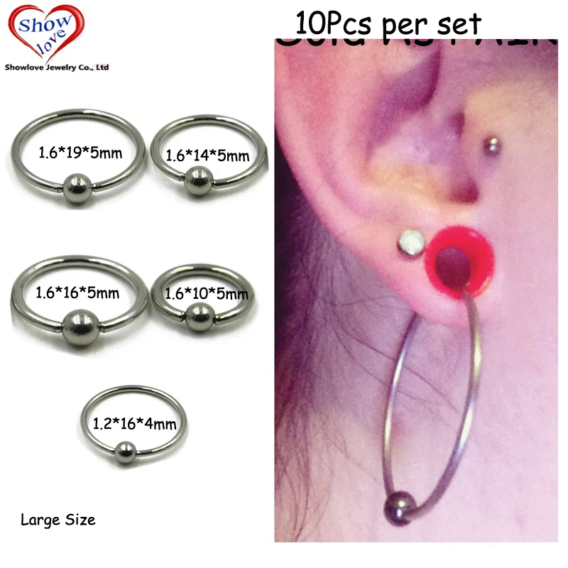 Showlove-10pcs Large Size Surgical Steel Captive Bead Lip Rings Nose Piercing Hoochie Hoop Stretched Ears Earring In Tunnel