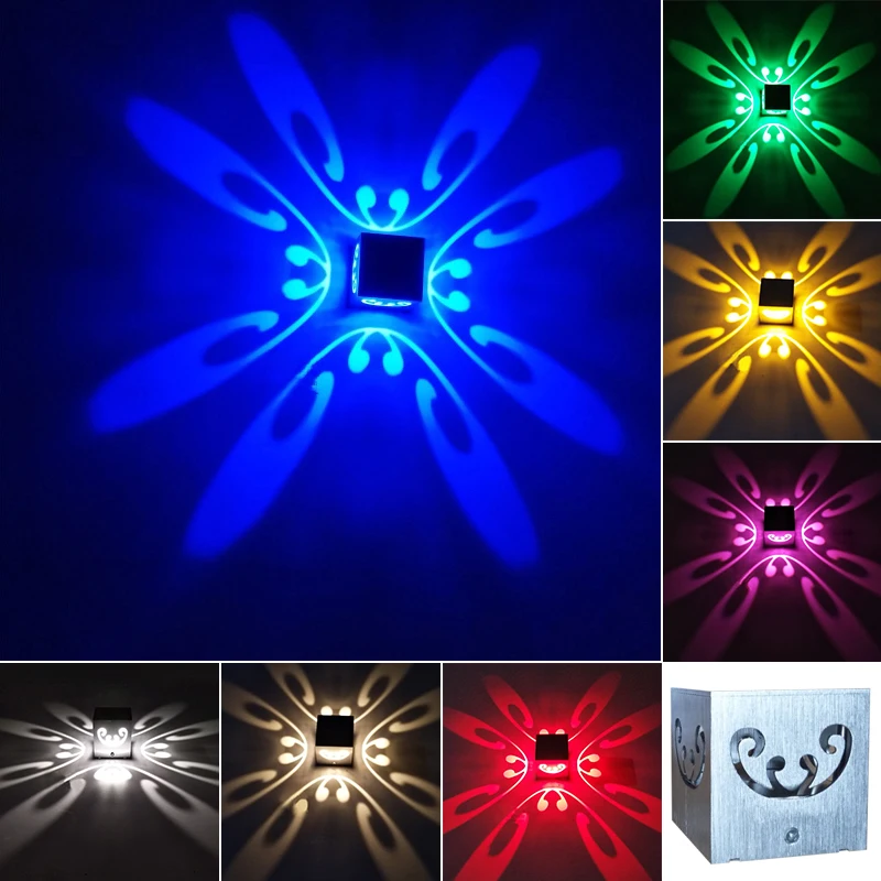 Multicolor 3W LED Wall Sconce Lamp Fixture Cube Box Butterfly Light Disco Silver Shell