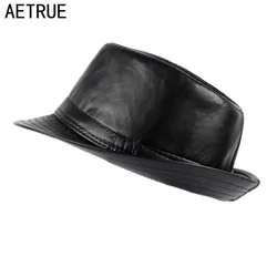 AETRUE Men Fedoras Hat Women Felt Leather Hats Men Panama Caps Gorros PU Plain Church Boater Brim Fashion Fedoras Winter Hats