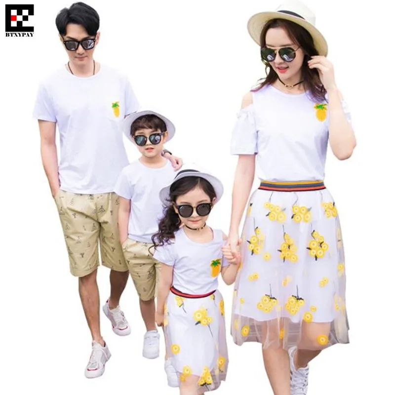 Family Matching Outfits Parent-child Sets Mother&Daughter T-shirt Kids Girl&Women Mesh Skirts Father&Son Shirts Man&Boy Shorts