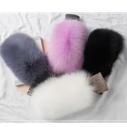 Winter Warm Genuine Fox Fur Covered Gloves Women Fashion Real Fox Fur Glove Outdoor Russia Thick Glove Women Warm