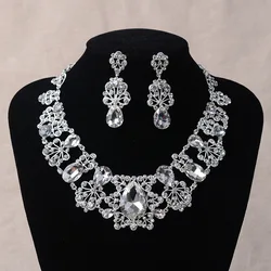 Fashion Rhinestone Costume Jewelry Sets Silver Color Crystal Statement Necklace Earrings Set Wedding African Beads Jewelry Set