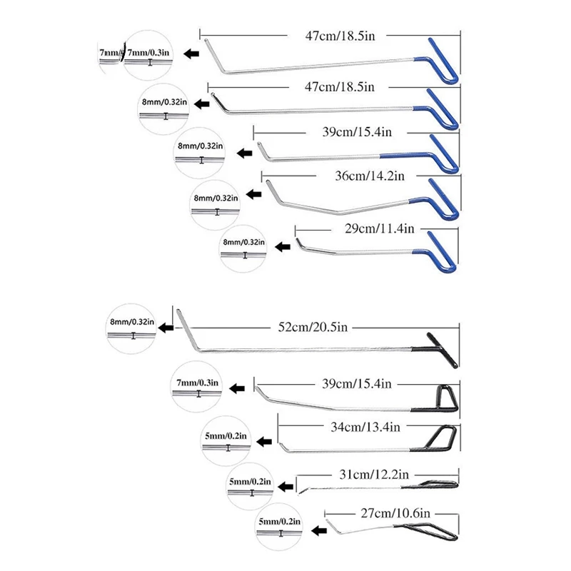 PDR 차체 무도장 덴트 수리 제거 도구, 스테인레스 스틸 푸시 로드 크로우바 키트, 자동차 덴트 리무버 풀러, 차고 도구
