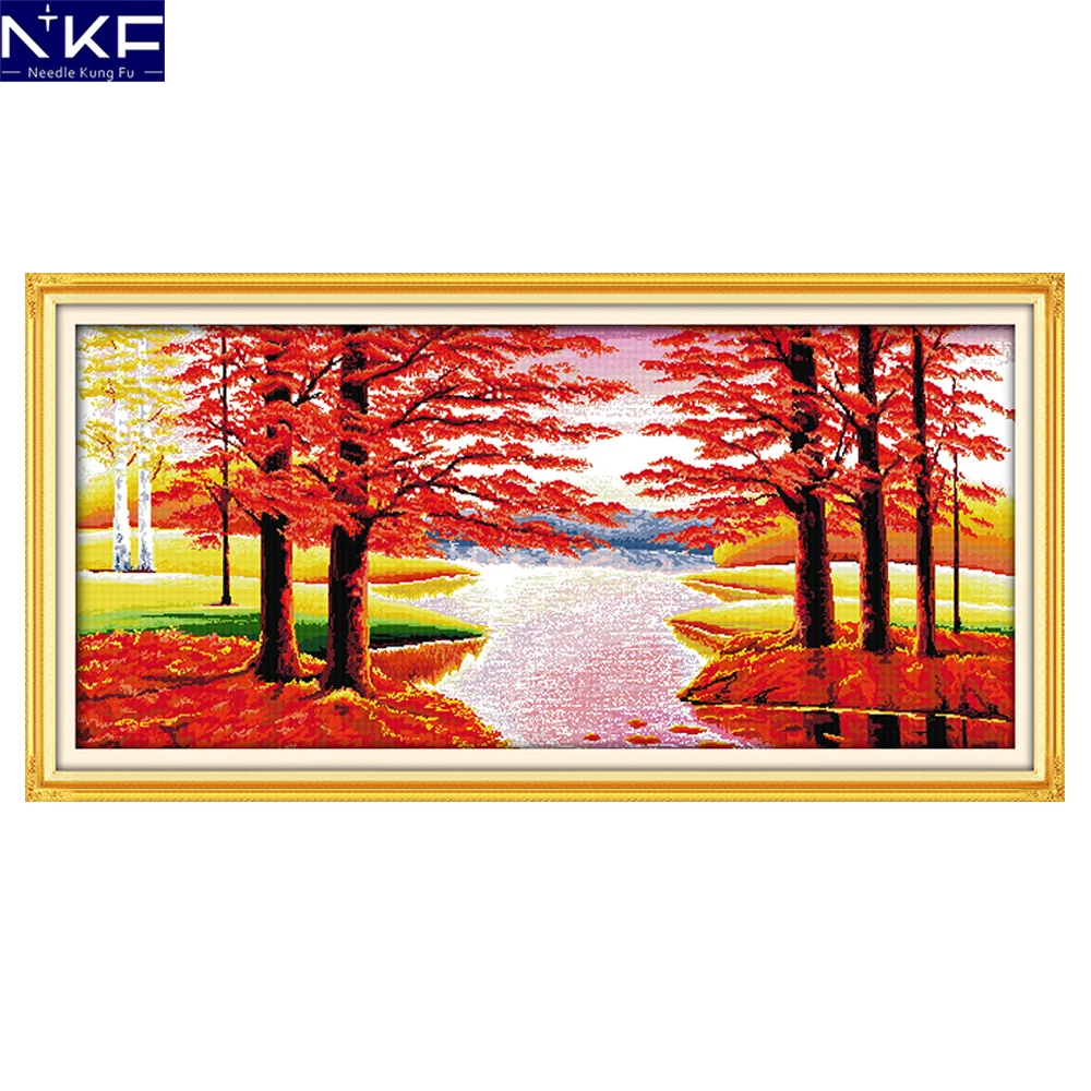 NKF Maples Bring Good Luck Cross Stitch Pattern Painting Needlework Embroidery Scenery Cross Stitch Kit for Home Decor