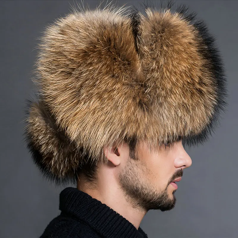 NEW Natural Color Fur Hat Siberian Style Fur Hat  Raccoon Full Ushanka Hat for middle-aged cotton cap Lei Feng hat