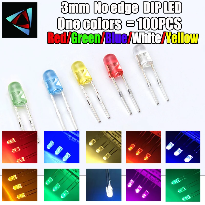 100PCS 5 colors White Red Green Blue Yellow 3mm No edge Keyboard light Diode LED