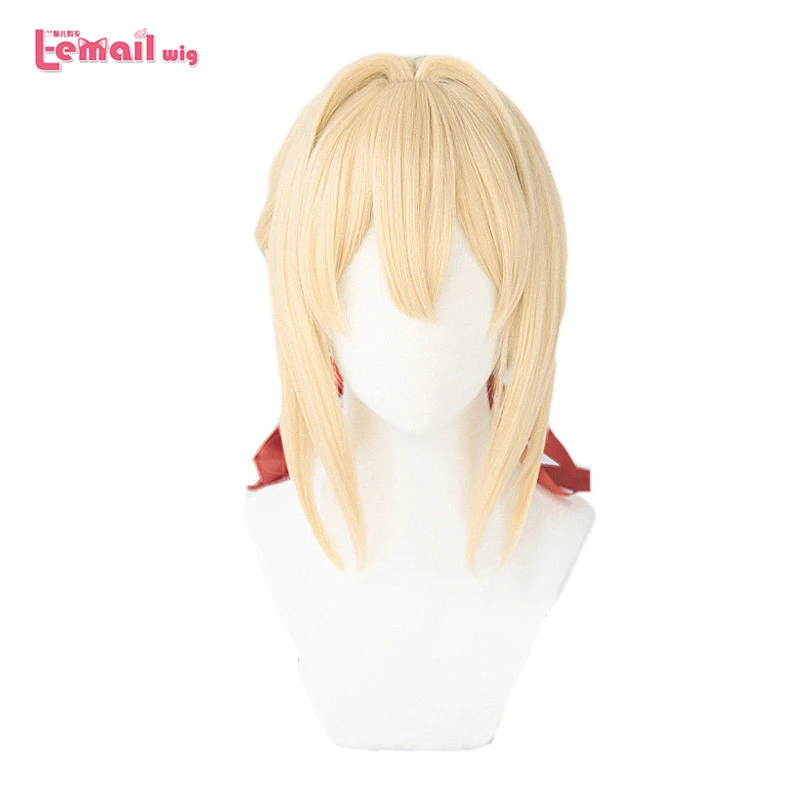 L-email wig Violet Evergarden Cosplay Wigs Blonde Braids Hair Cosplay Wig with Red Ribbon Heat Resistant Synthetic Hair