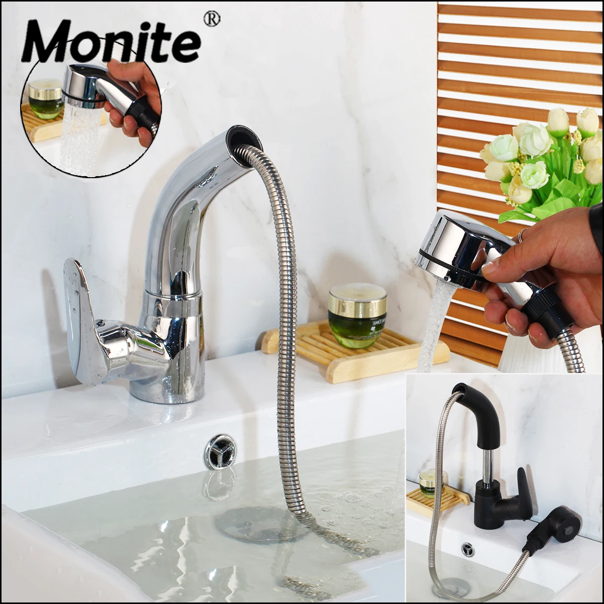 

Monite Pull Out Solid Brass Stream Spray Spout Black Chrome Brass Deck Mount Tap Kitchen Sink Crane Faucet Mixer Polish Tap