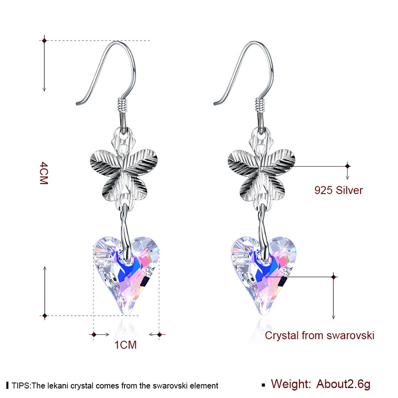 Lekani cristais originais da áustria folha coração brincos de gota s925 prata esterlina jóias finas para o casamento feminino acessórios
