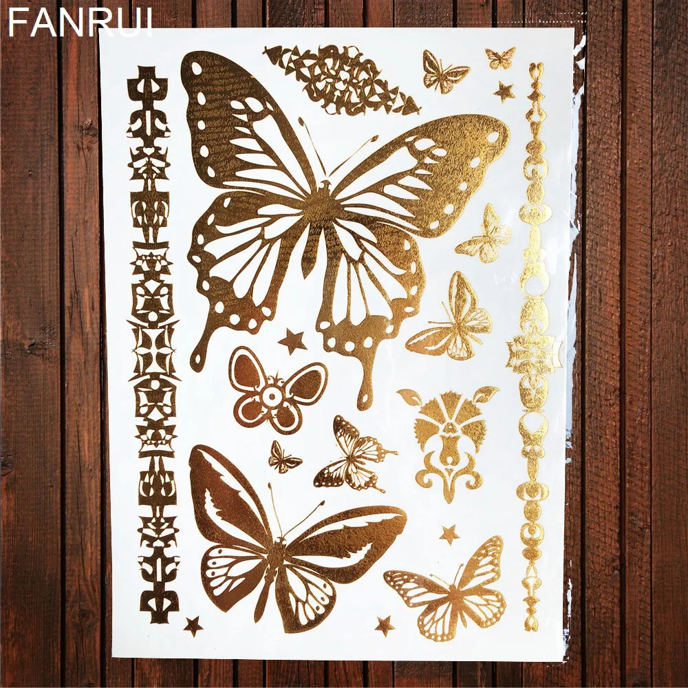 Gold Metallic Butterfly Temporary Tattoo Lance Henna Flower Women Flash Tattoo Sticker Girl Body Hand Art Waterproof Tatoos Leaf